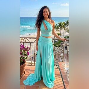 Beautiful Turquoise Chiffon Corset Cutout Flowing Maxi Dress - NWT